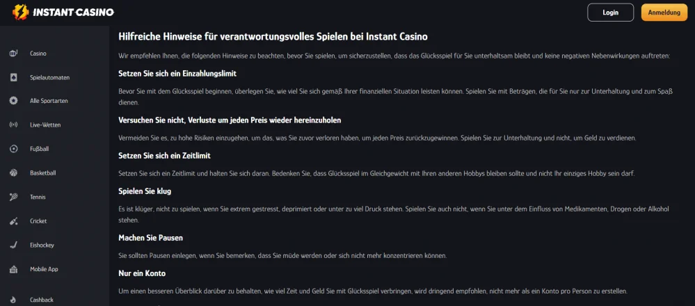 Empfehlungen für verantwortungsvolles Spielen auf der Instant Casino Website